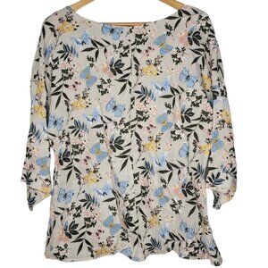 Laura Bianchi‎ Women's Large Beige Floral 100% Linen Italy 3/4 Sleeve Top L